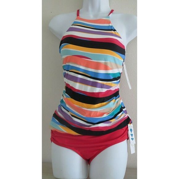 Anne Cole 21MT20686 Sz S Multicolor Striped Tankini Top, Sz XS Red Bikini Bottom - Picture 1 of 8
